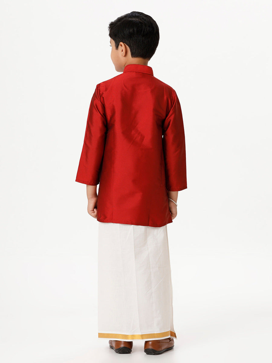Boys Silk Cotton Full Sleeves Red Kurta with Gold Jari Dhoti Combo-Back view