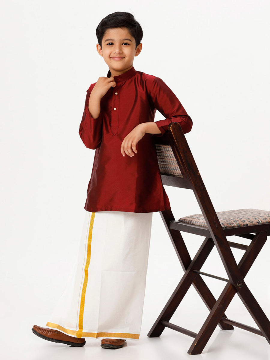 Boys Silk Cotton Full Sleeves Maroon Kurta with Gold Jari Dhoti Combo-Full view