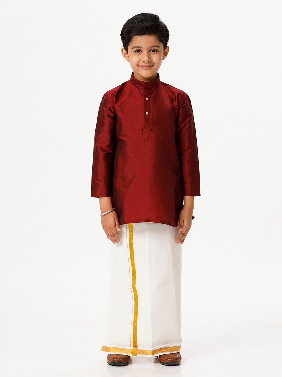 Boys Silk Cotton Full Sleeves Maroon Kurta with Gold Jari Dhoti Combo