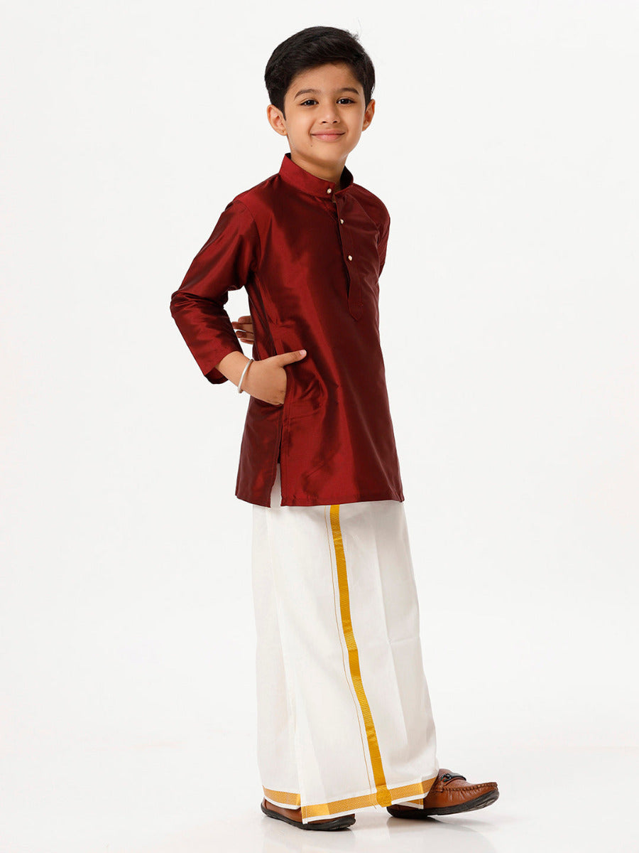 Boys Silk Cotton Full Sleeves Maroon Kurta with Gold Jari Dhoti Combo-Side view