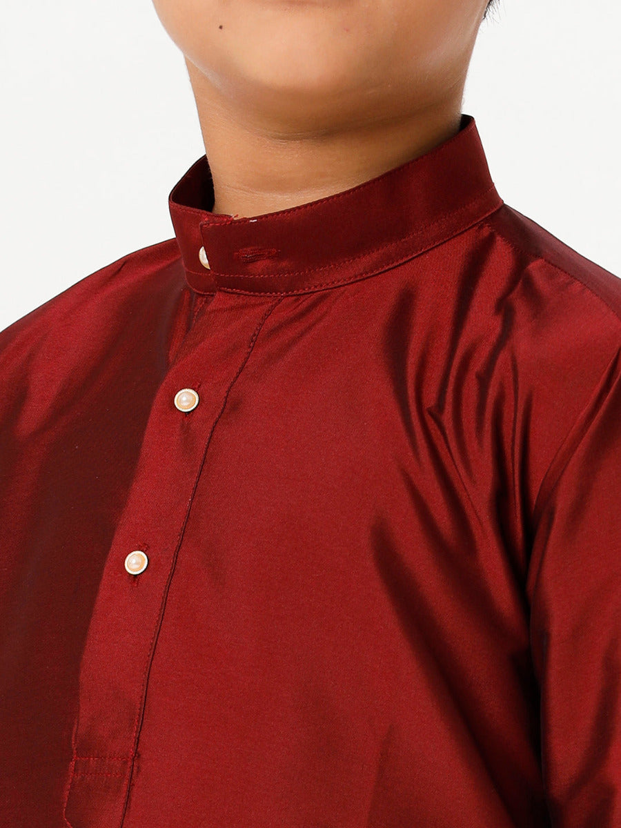 Boys Silk Cotton Full Sleeves Maroon Kurta with Gold Jari Dhoti Combo-Zoom view