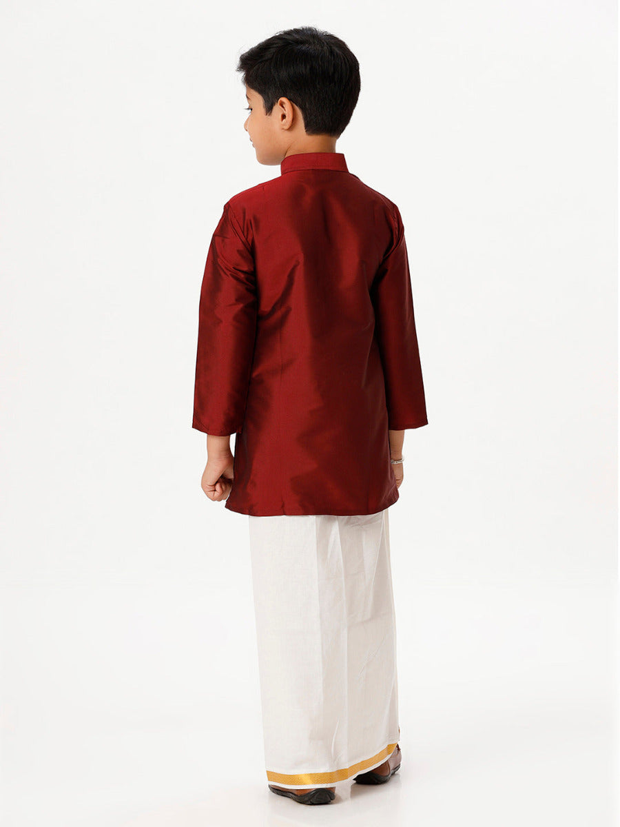 Boys Silk Cotton Full Sleeves Maroon Kurta with Gold Jari Dhoti Combo-Back view