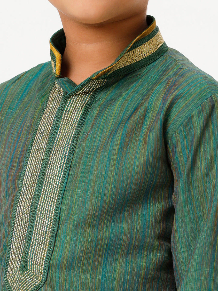 Boys Cotton Embellished Neckline Full Sleeves Dark Green Kurta with Dhoti Combo-Zoom view