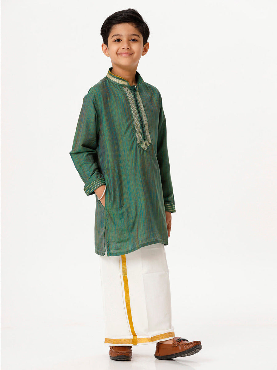 Boys Cotton Embellished Neckline Full Sleeves Dark Green Kurta with Dhoti Combo-Side view