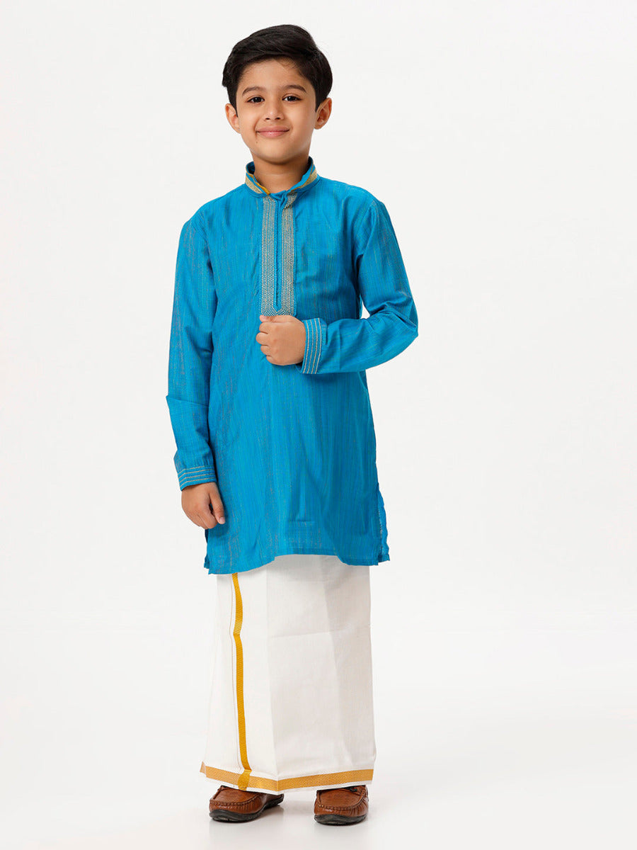 Boys Cotton Embellished Neckline Full Sleeves Sky Blue Kurta with Dhori Combo-front view