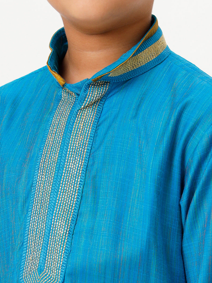 Boys Cotton Embellished Neckline Full Sleeves Sky Blue Kurta with Dhori Combo-Zoom view