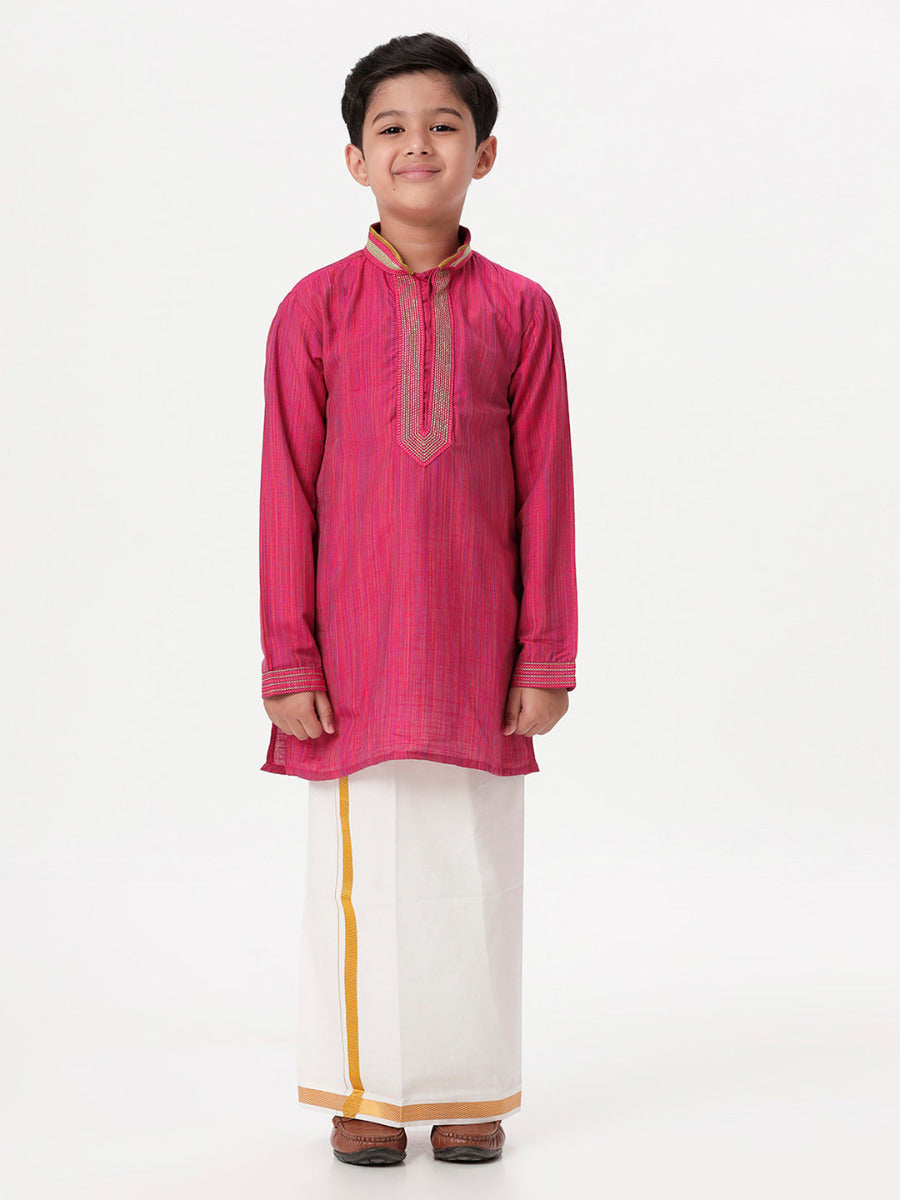 Boys Cotton Embellished Neckline Full Sleeves Dark Pink Kurta with Dhori Combo-Front view