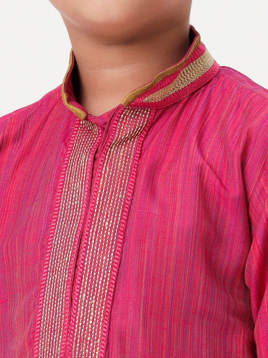 Boys Cotton Embellished Neckline Full Sleeves Dark Pink Kurta with Dhoti Combo-Zoom view