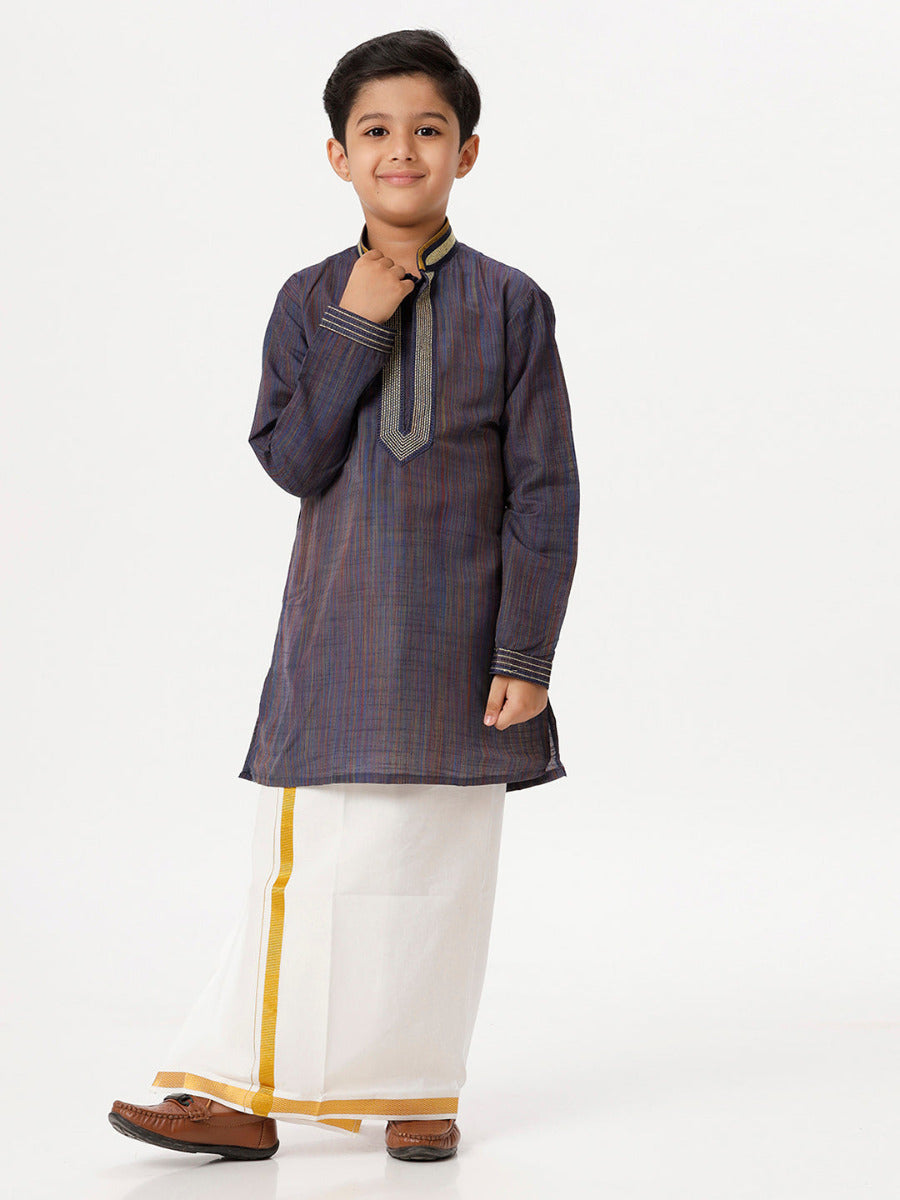 Boys Cotton Embellished Neckline Full Sleeves Navy Blue Kurta with Dhoti Combo -Front alternative view