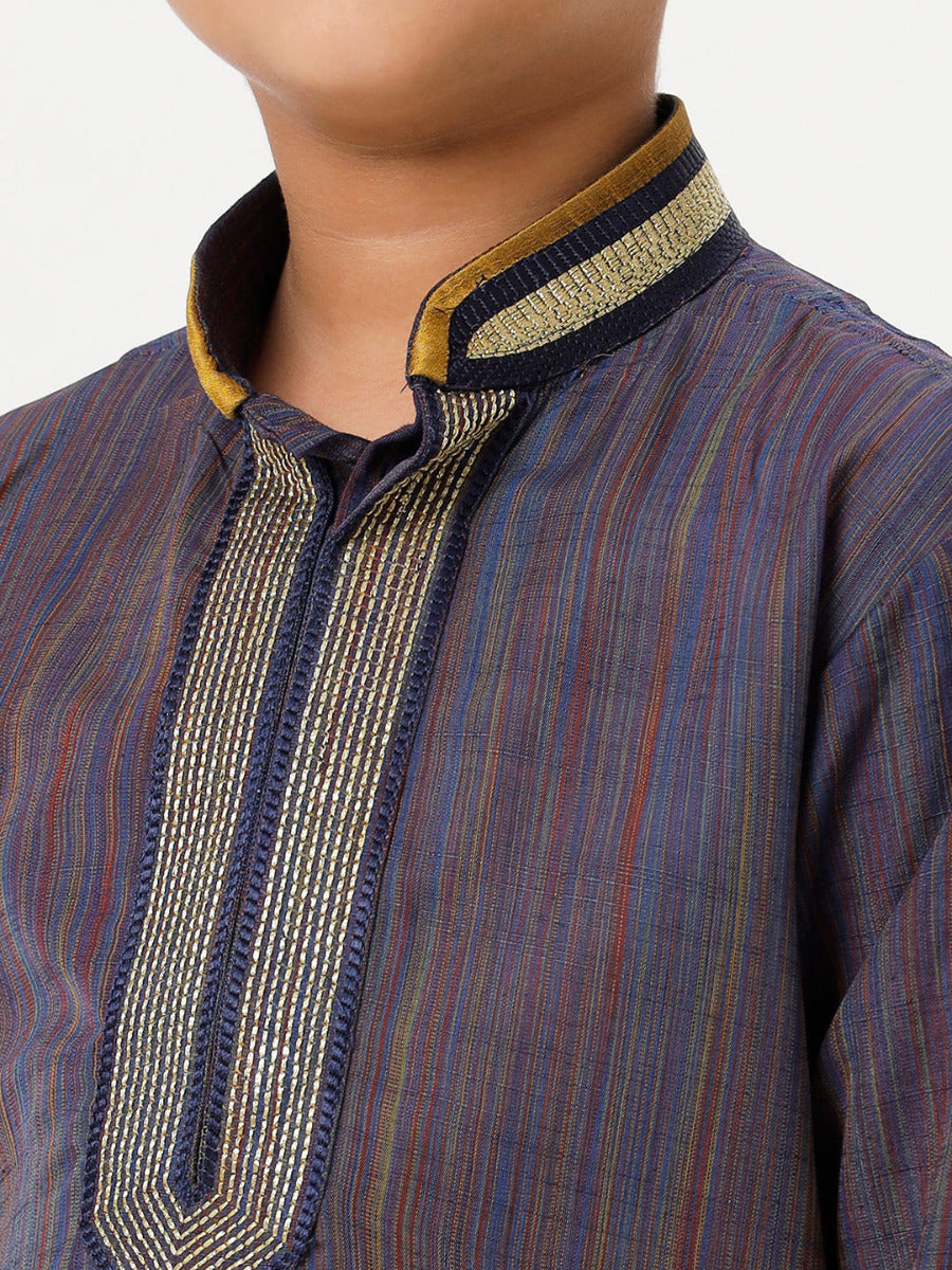 Boys Cotton Embellished Neckline Full Sleeves Navy Blue Kurta with Dhoti Combo-Zoom view