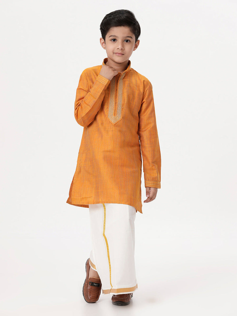 Boys Cotton Embellished Neckline Full Sleeves Orange Kurta with Dhori Combo-Front view