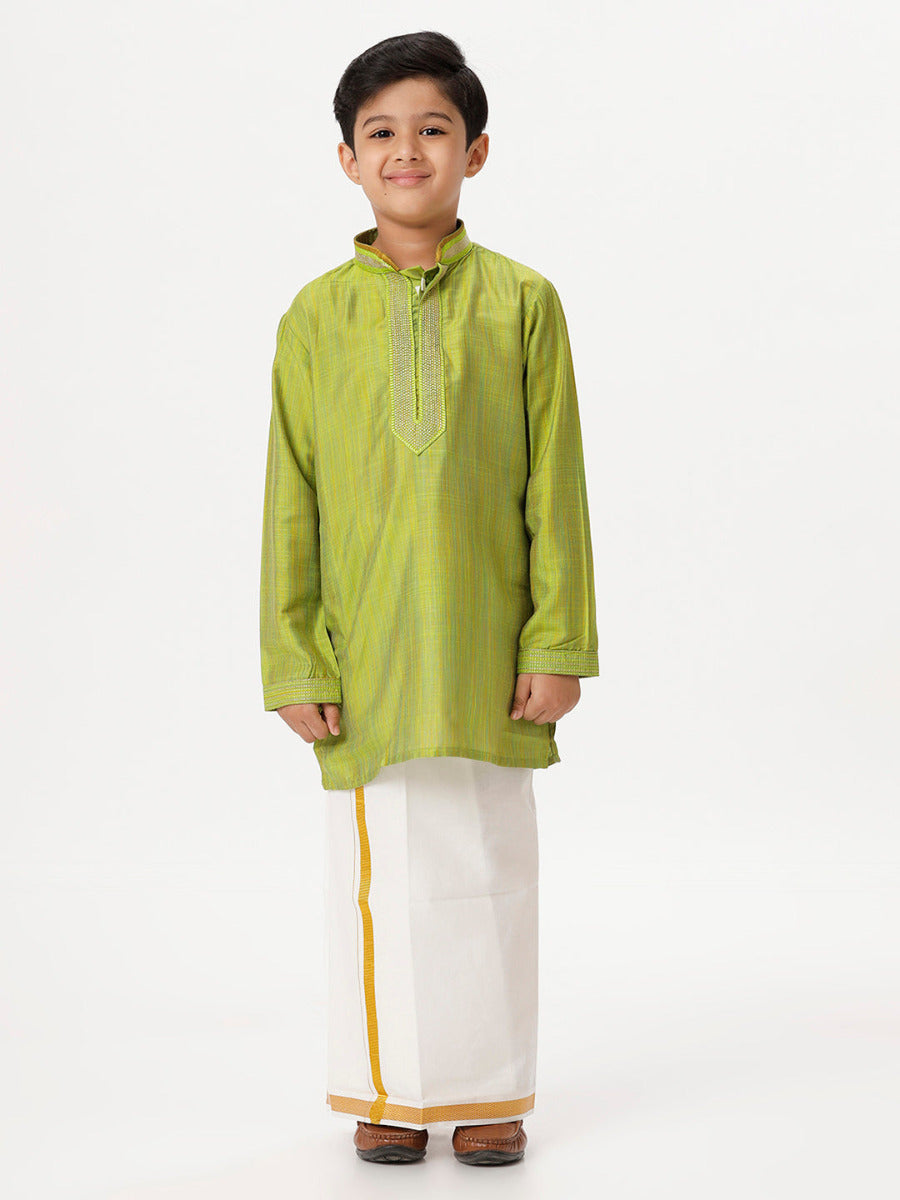 Boys Cotton Embellished Neckline Full Sleeves Parrot Green Kurta with Dhoti Combo-Full view