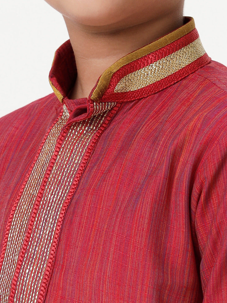 Boys Cotton Embellished Neckline Full Sleeves Red Kurta with Dhori Combo-Zoom view