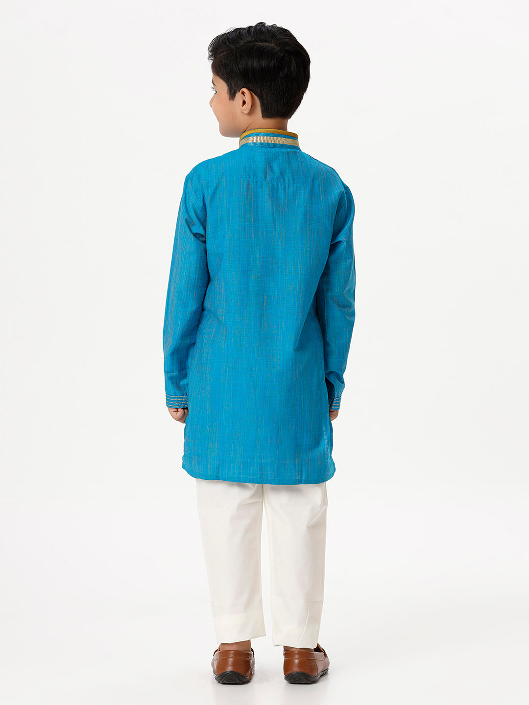 Boys Cotton Embellished Neckline Full Sleeves Sky Blue Kurta with Pyjama Pant Combo EMD2-Bacjk view