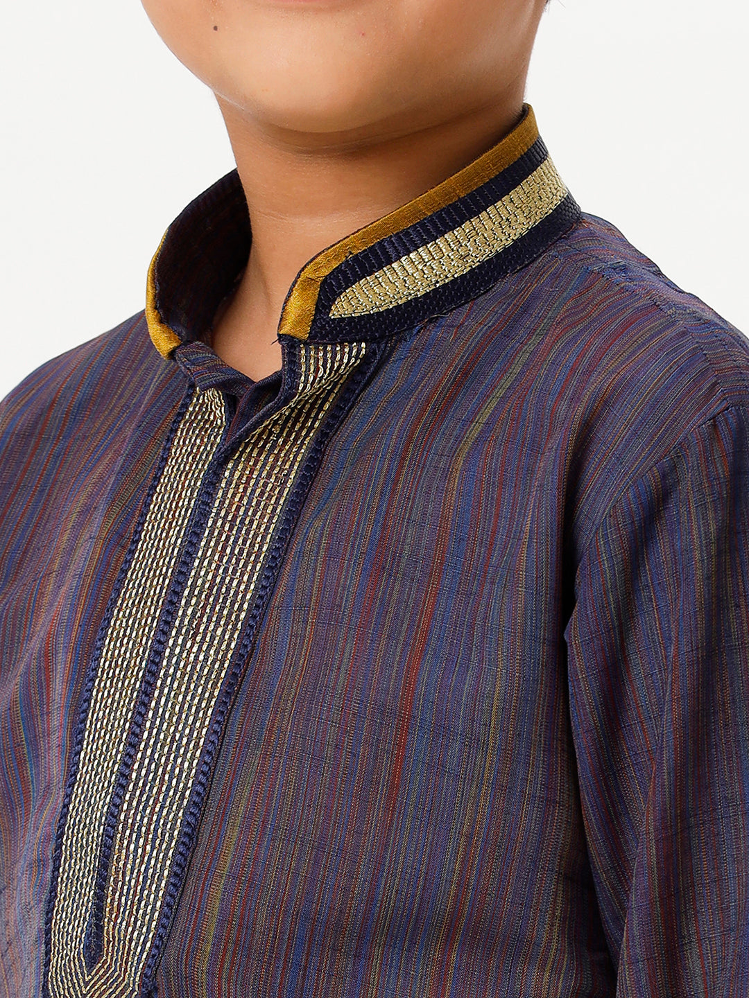 Boys Cotton Embellished Neckline Full Sleeves Navy Kurta with Pyjama Pant Combo EMD6-Zoom view