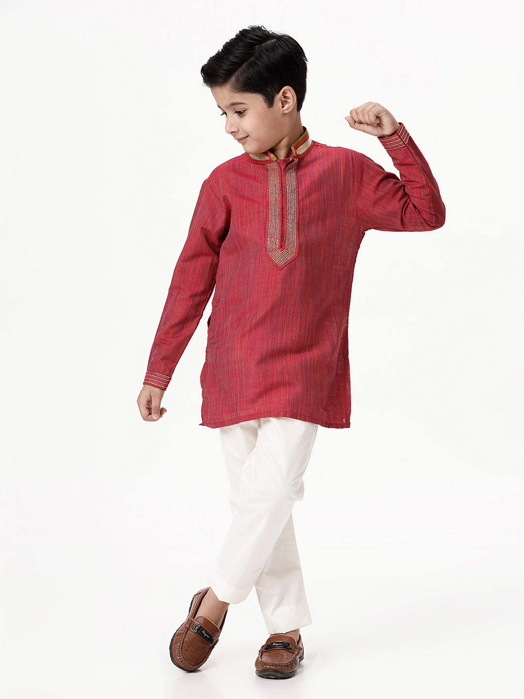 Boys Cotton Embellished Neckline Full Sleeves Red Kurta with Pyjama Pant Combo EMD4-Front view