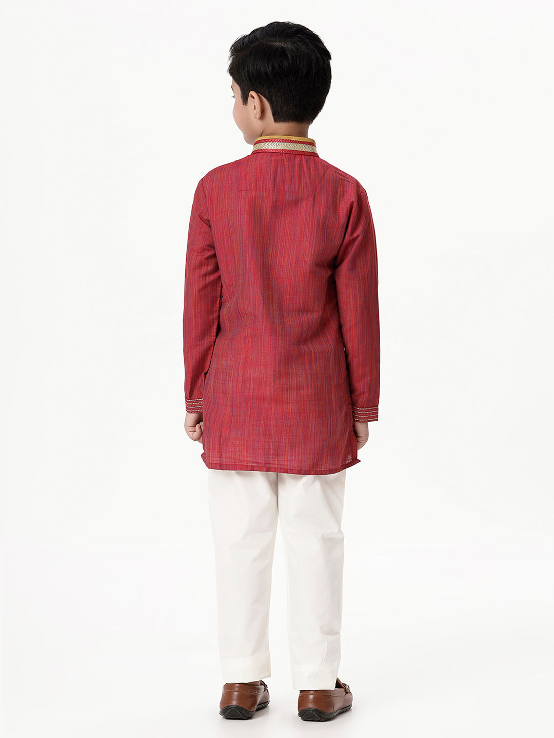 Boys Cotton Embellished Neckline Full Sleeves Red Kurta with Pyjama Pant Combo EMD4-Back view