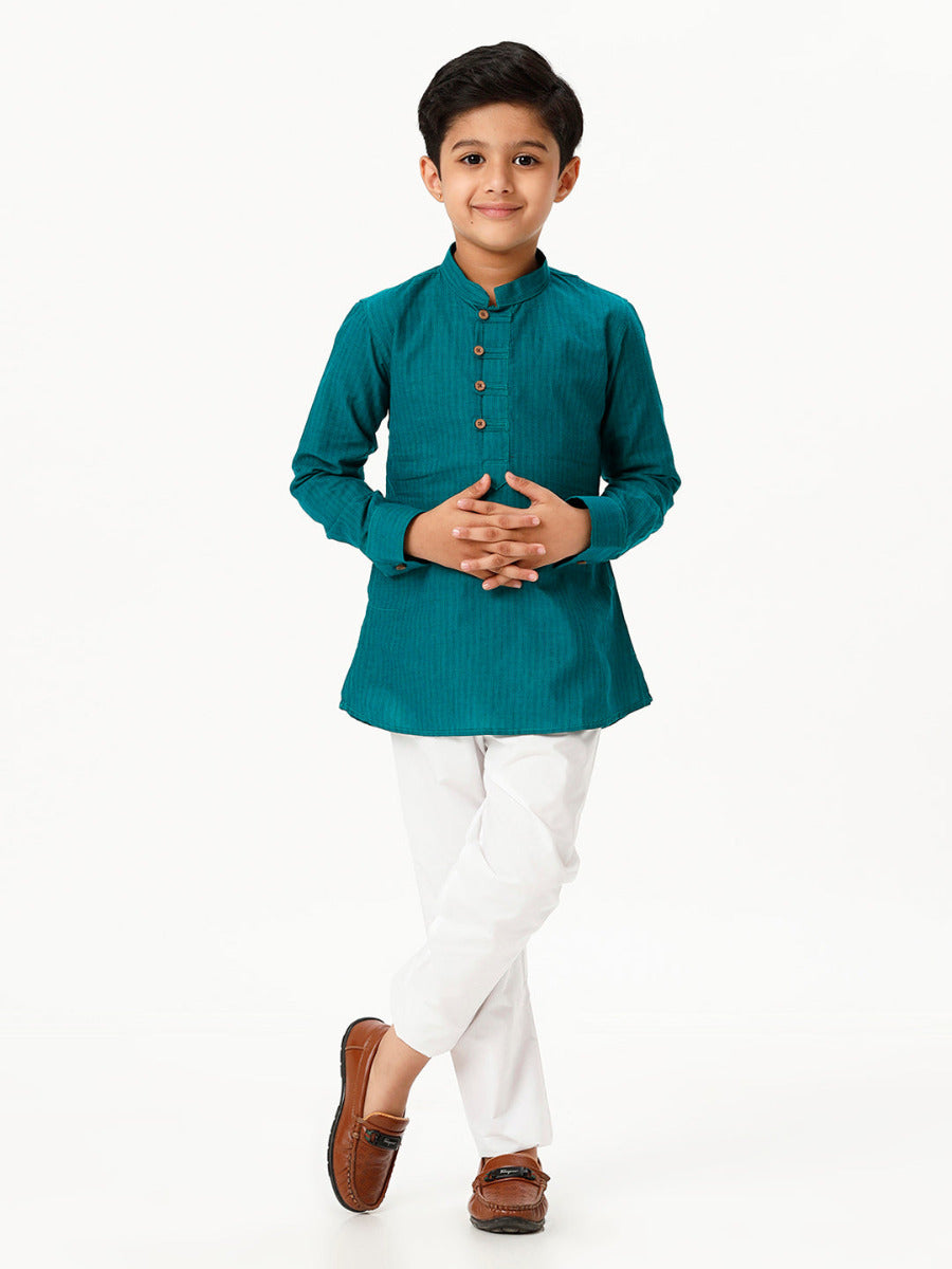 Boys Breeze Cotton Full Sleeves Peacock Green Kurta with Pyjama Pant Combo-Front view