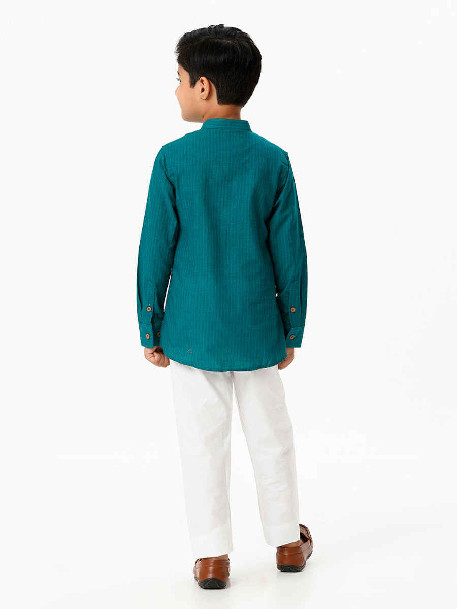 Boys Breeze Cotton Full Sleeves Peacock Green Kurta with Pyjama Pant Combo -Back view