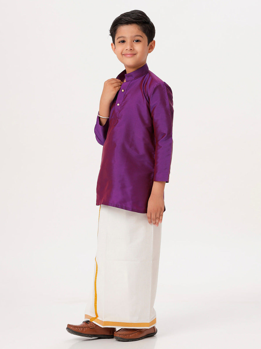 Boys Silk Cotton Full Sleeves Violet Kurta with Gold Jari Dhoti Combo-Side view