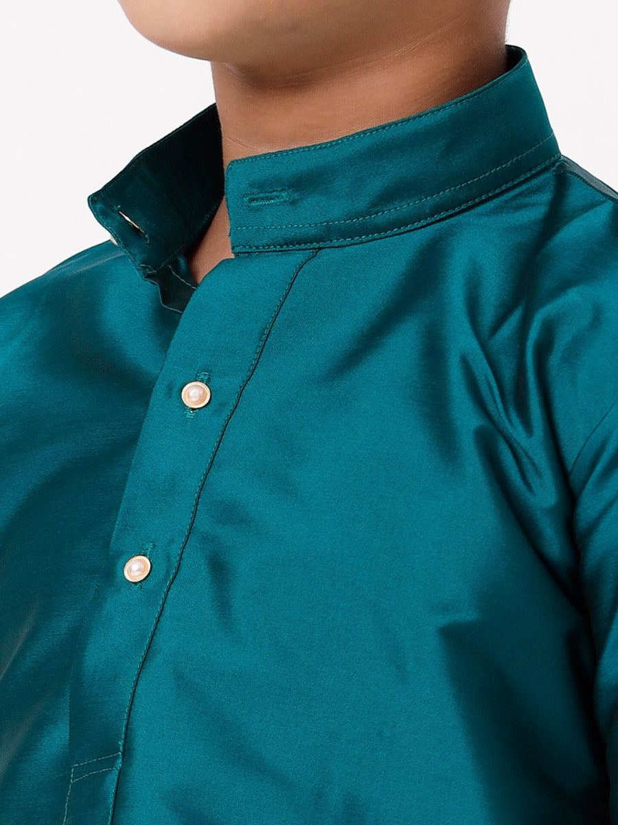 Boys Silk Cotton Full Sleeves Dark Green Kurta with Panchakacham Combo-Zoom view