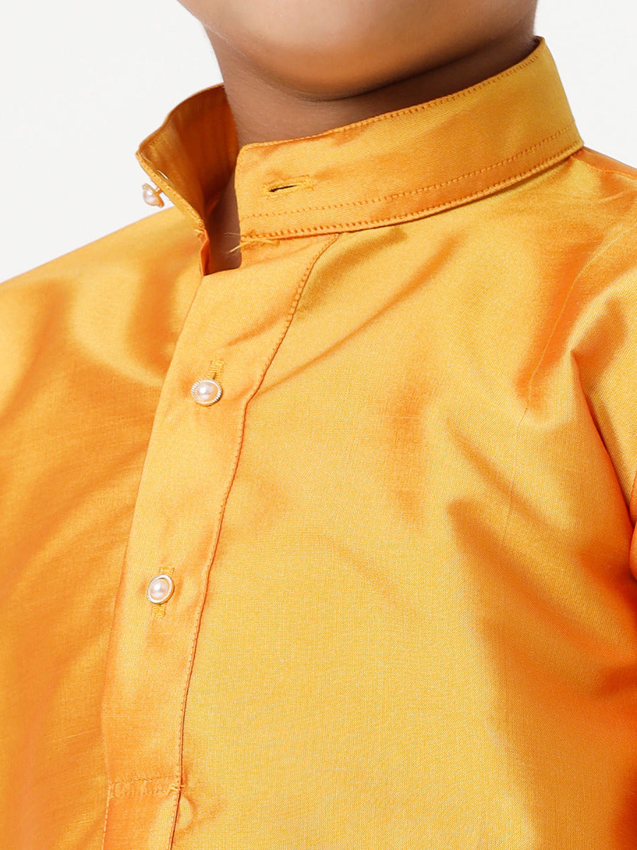 Boys Silk Cotton Full Sleeves Golden Yellow Kurta with Panchakacham Combo-Zoom view