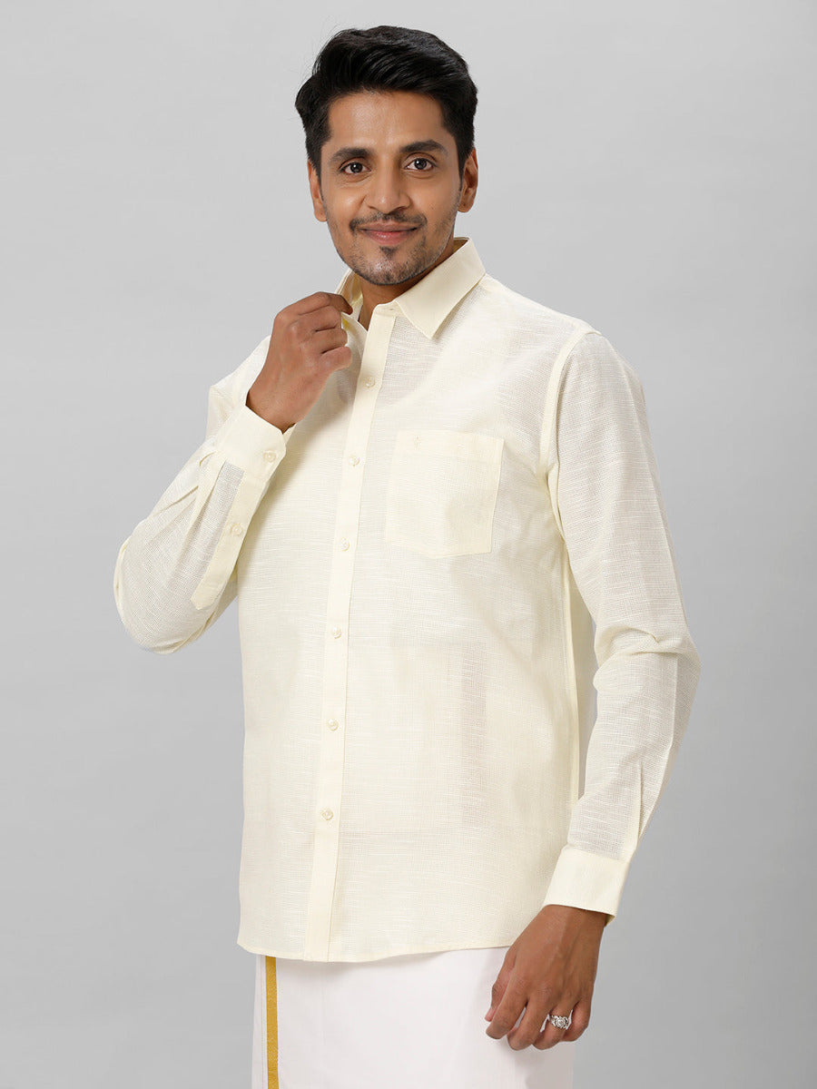 Mens Formal Small Checked Light Yellow Full Sleeves Cotton Shirt T13 CL1-Side view