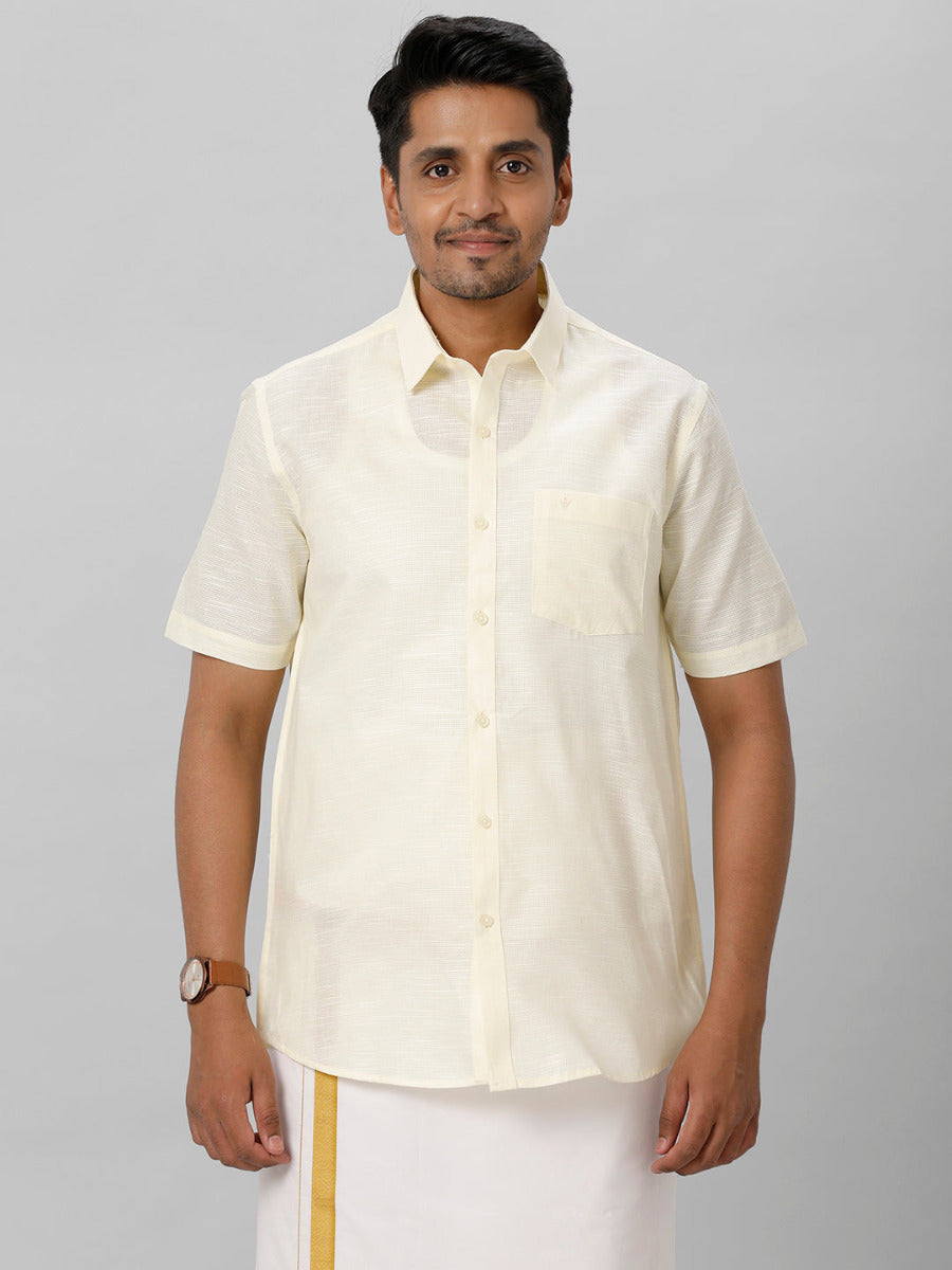 Mens Formal Small Checked Light Yellow Half Sleeves Cotton Shirt T13 CL1