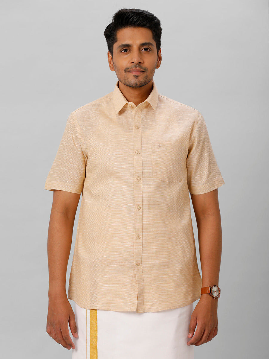 Mens Formal Small Checked Light Brown Half Sleeves Cotton Shirt  T13 CL9