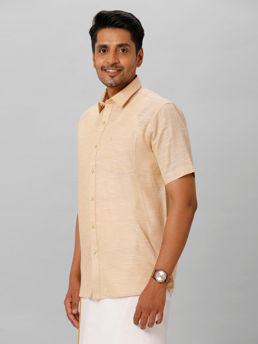 Mens Formal Small Checked Light Brown Half Sleeves Cotton Shirt T13 CL9-Side view