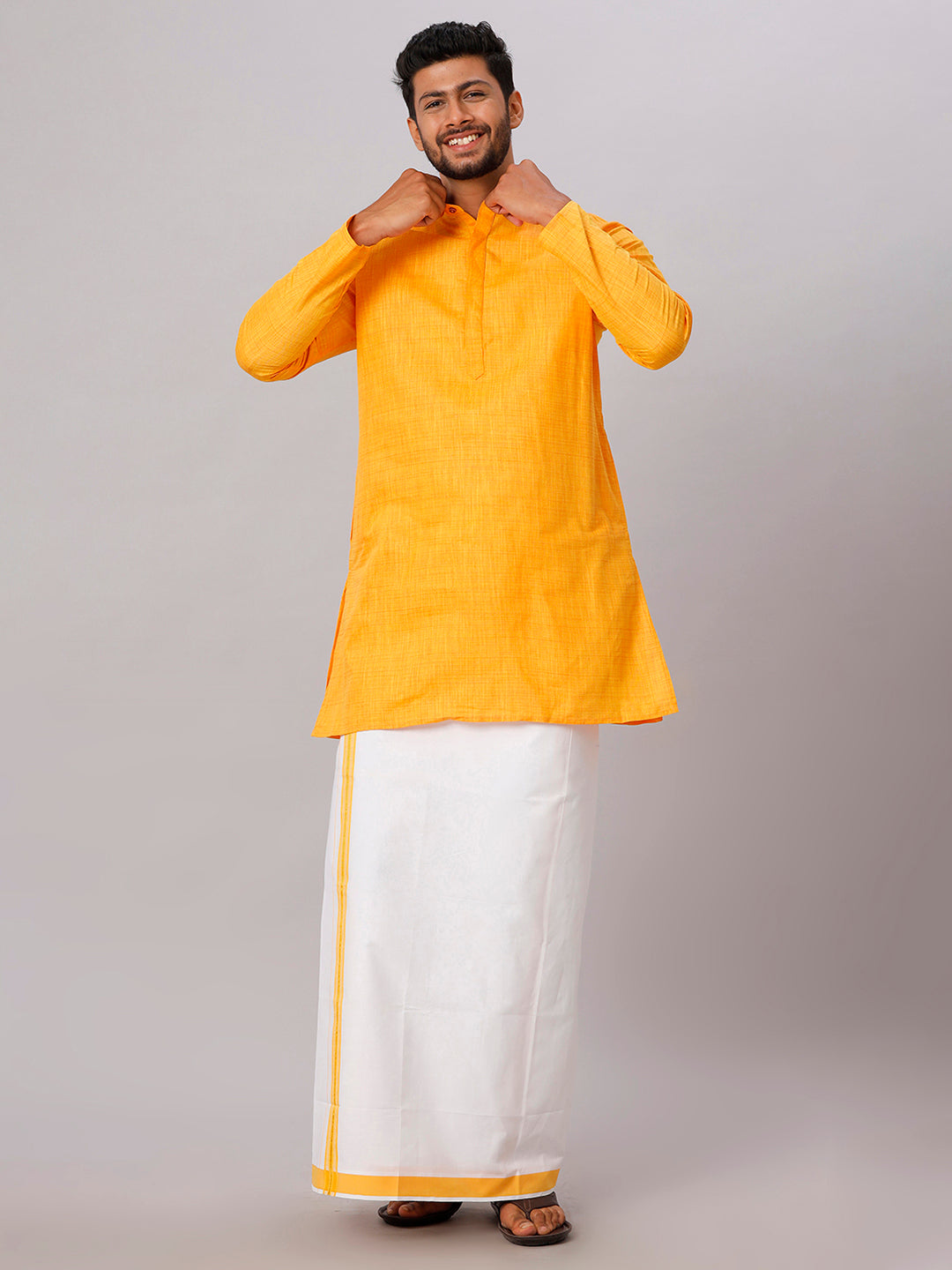 Mens Cotton Yellow Medium Length Matching Kurta with Dhoti Combo FS1-Front view