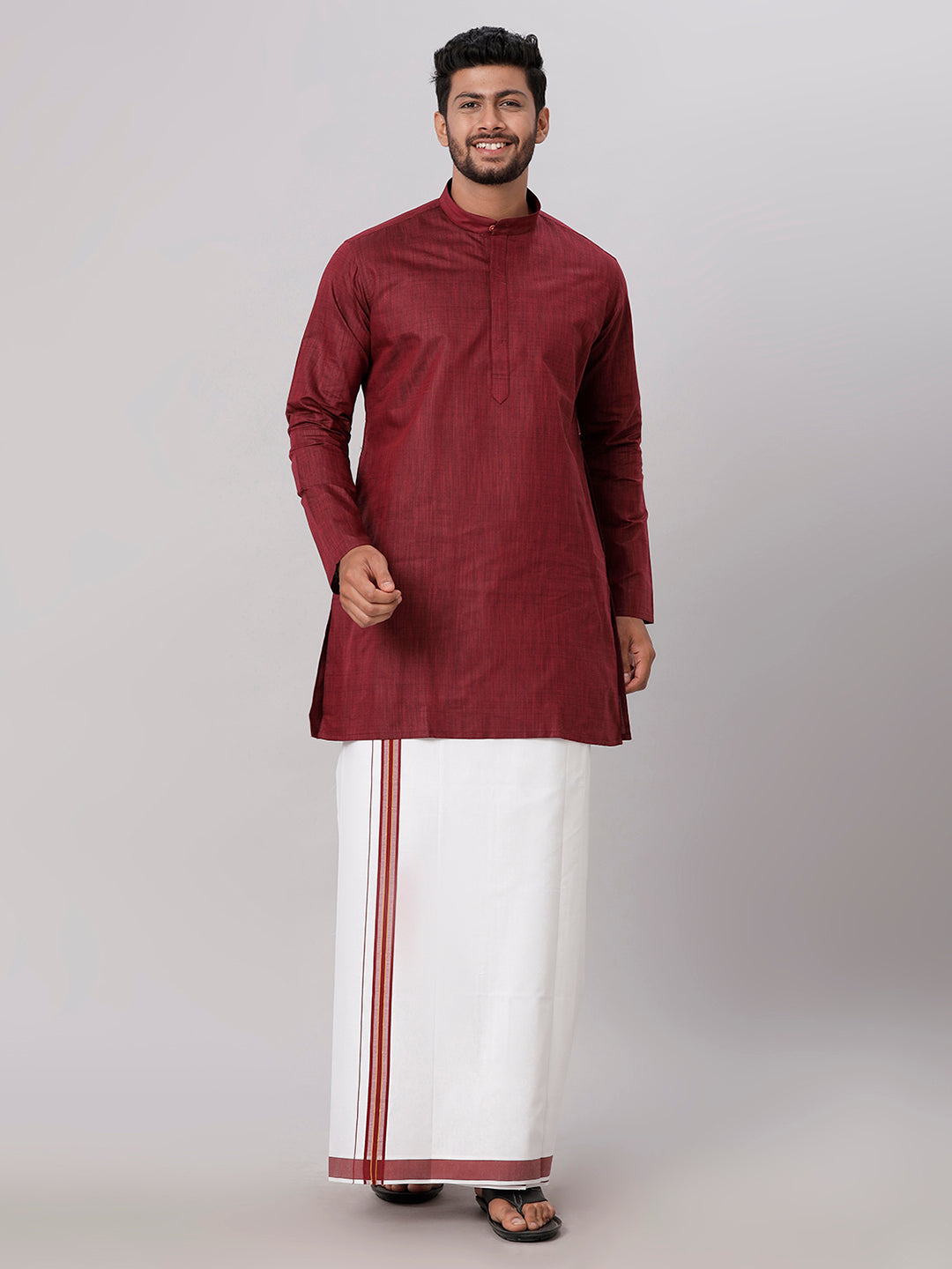 Mens Cotton Maroon Medium Length Matching Kurta with Dhoti Combo FS7