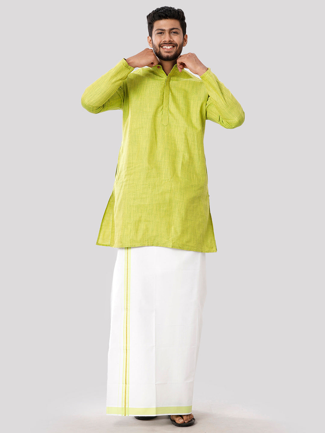 Mens Cotton Parrot Green Medium Length Matching Kurta with Dhoti Combo FS2-Front view