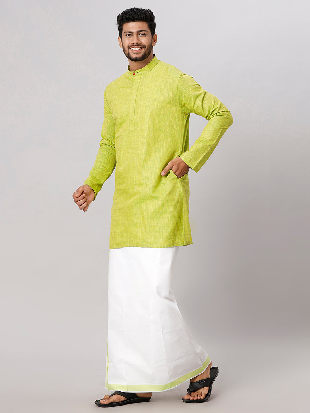 Mens Cotton Parrot Green Medium Length Matching Kurta with Dhoti Combo FS2-Side view