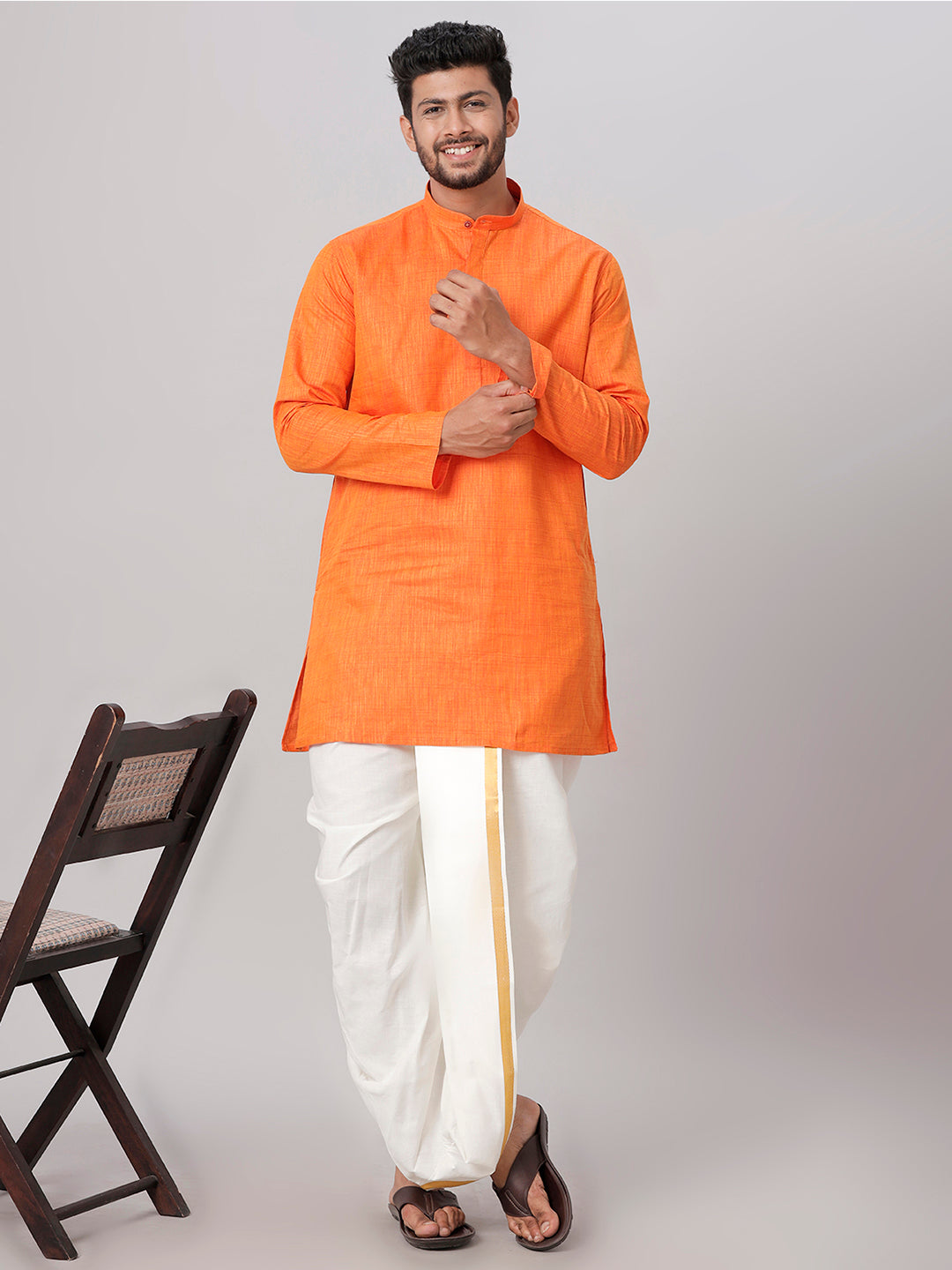 Mens Medium Length Orange Kurta with Cream Panchakacham Combo FS3