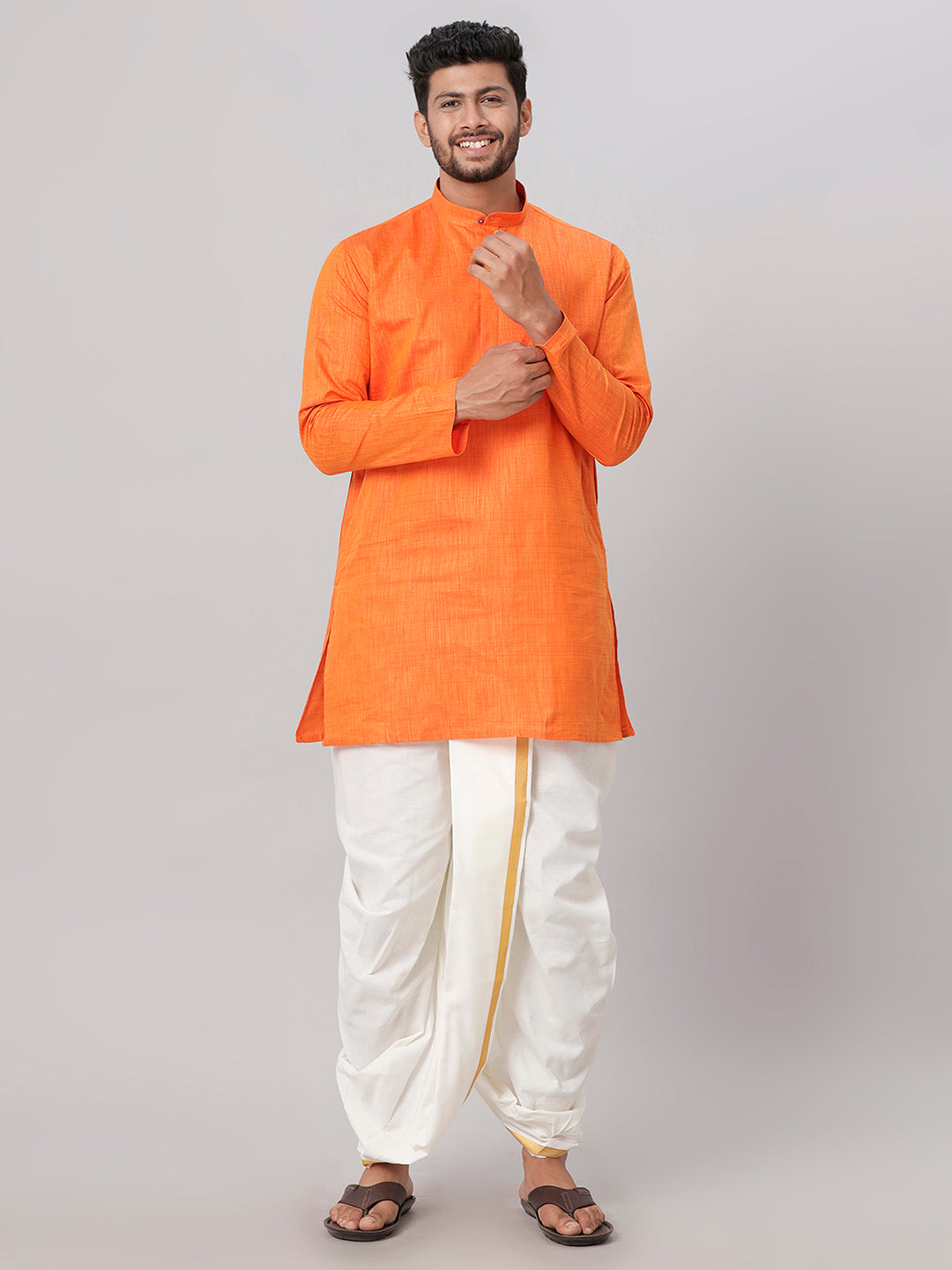 Mens Medium Length Orange Kurta with Cream Panchakacham Combo FS3-Front view
