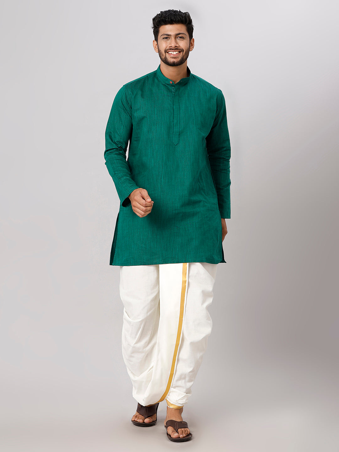 Mens Medium Length Dark Green Kurta with Cream Panchakacham Combo FS5
