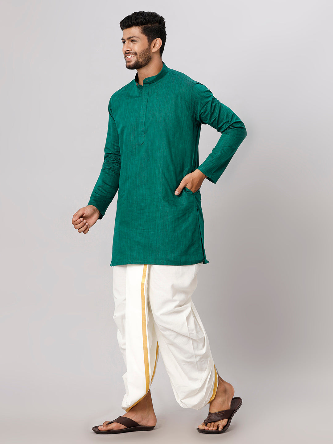 Mens Medium Length Dark Green Kurta with Cream Panchakacham Combo FS5-Side view