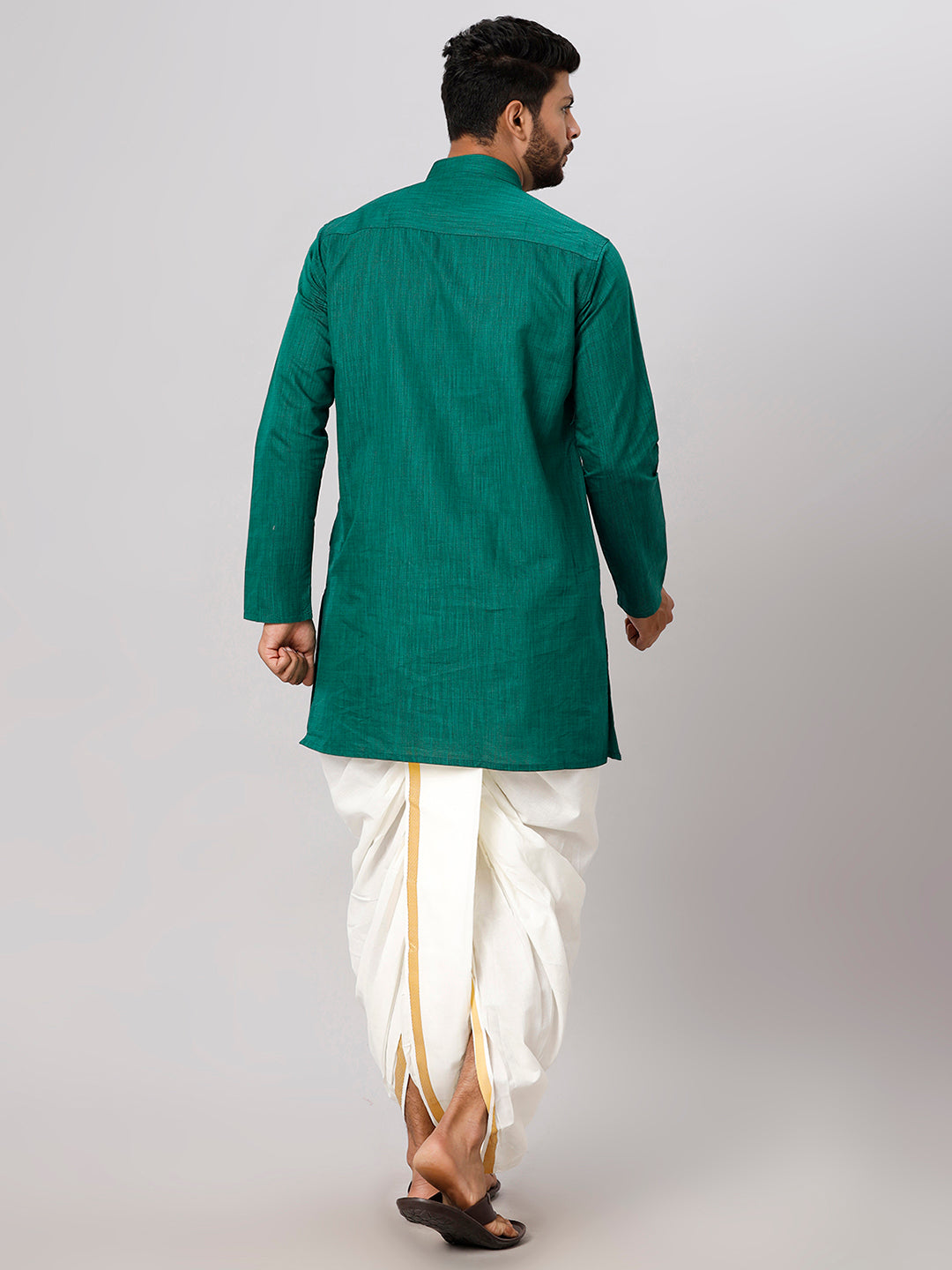 Mens Medium Length Dark Green Kurta with Cream Panchakacham Combo FS5-Back view