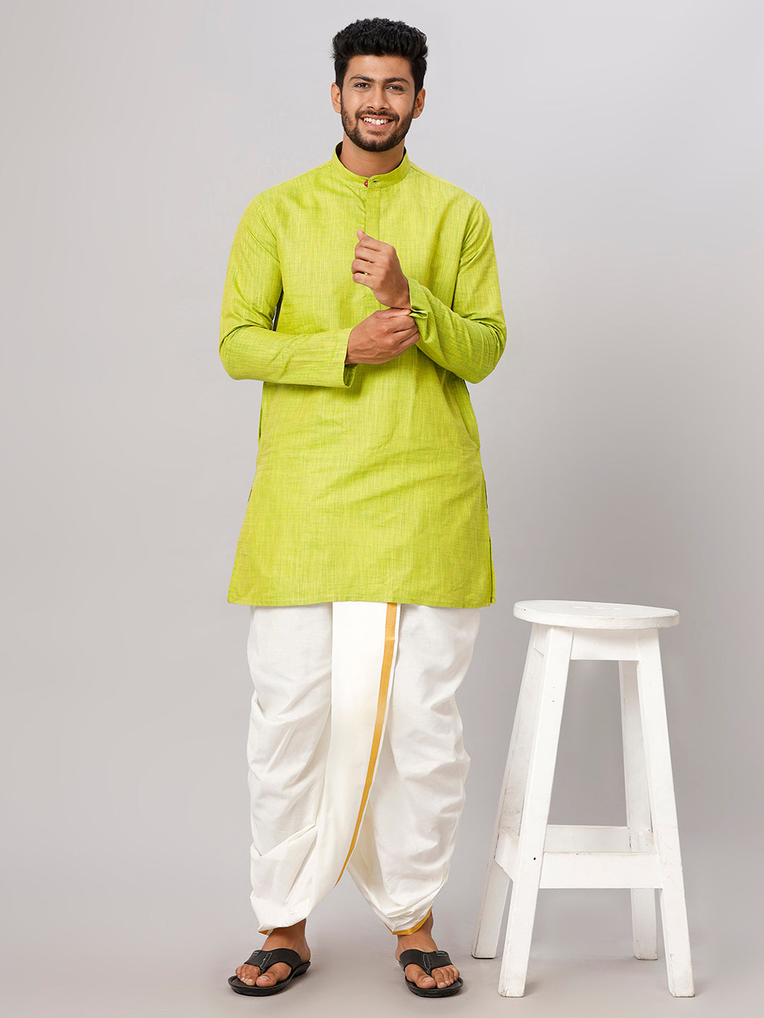 Mens Medium Length Parrot Green Kurta with Cream Panchakacham Combo FS2