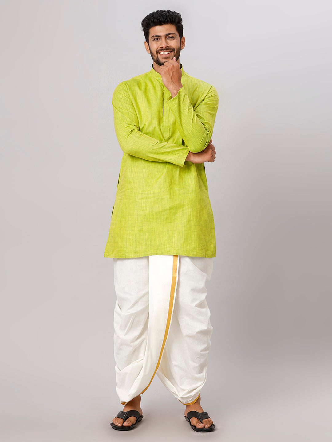 Mens Medium Length Parrot Green Kurta with Cream Panchakacham Combo FS2-Front view