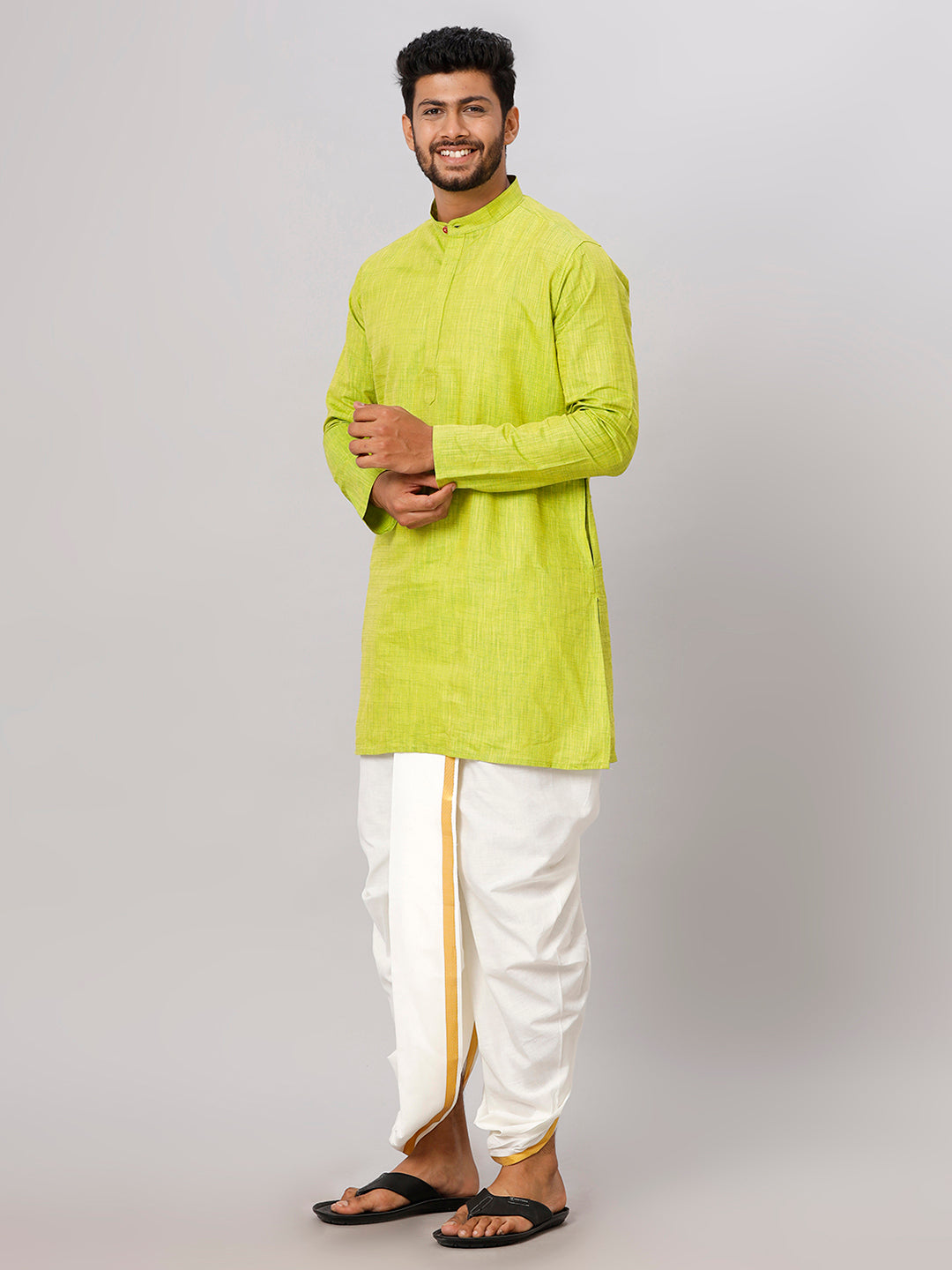 Mens Medium Length Parrot Green Kurta with Cream Panchakacham Combo FS2-Side view