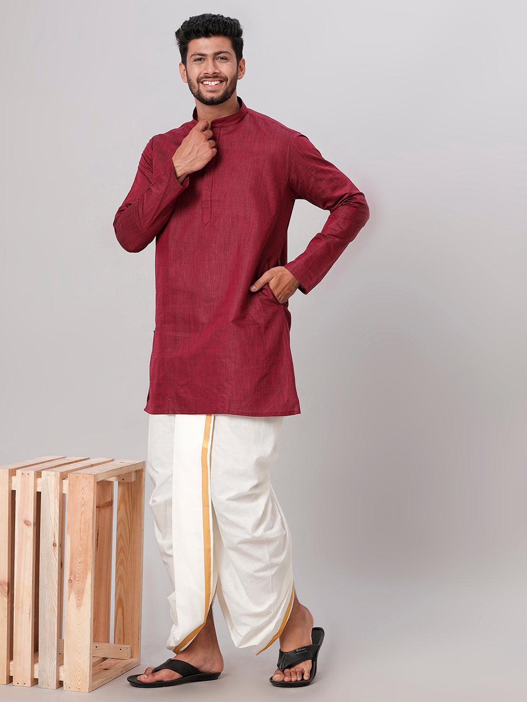 Mens Medium Length Maroon Kurta with Cream Panchakacham Combo FS7-Front view