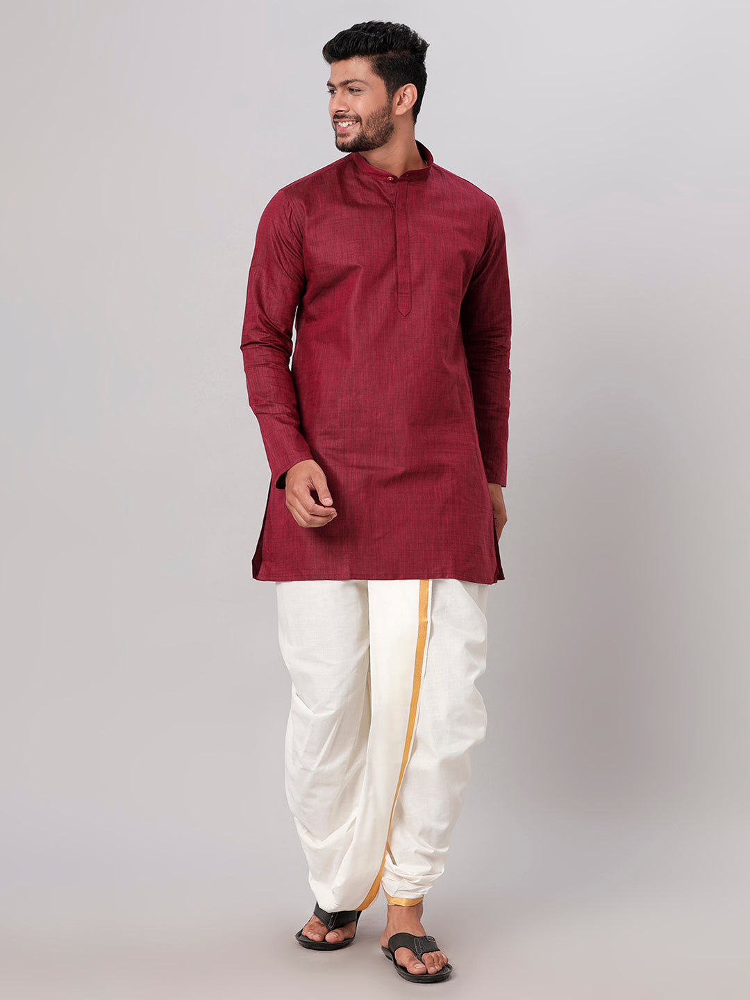 Mens Medium Length Maroon Kurta with Cream Panchakacham Combo FS7