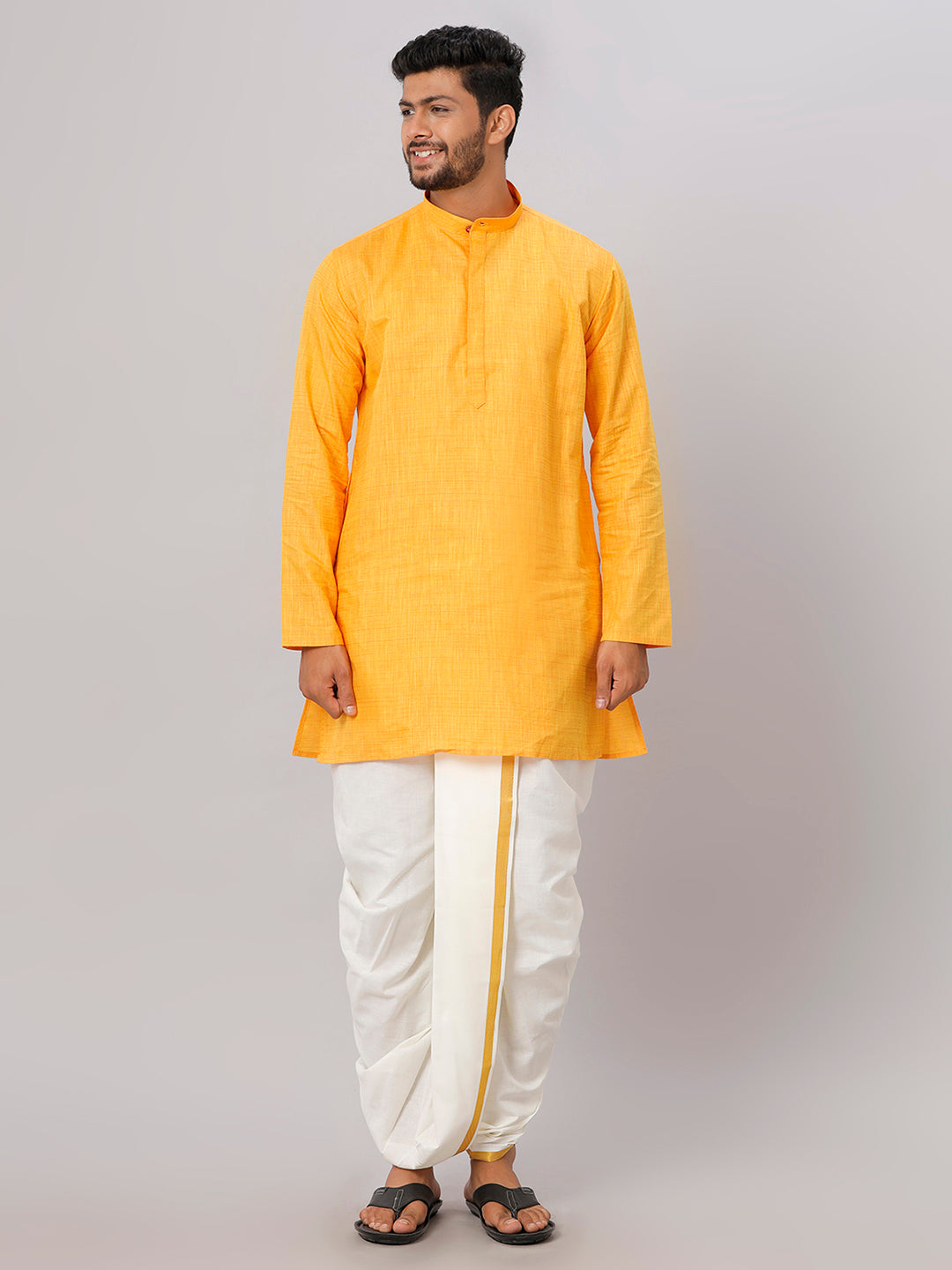 Mens Medium Length Yellow Kurta with Cream Panchakacham Combo FS1-Front view