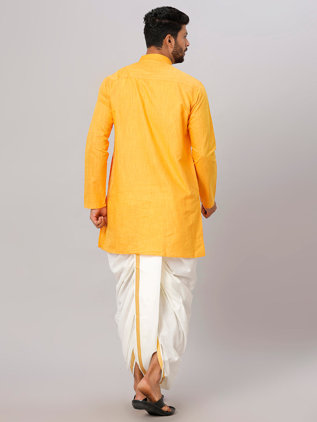 Mens Medium Length Yellow Kurta with Cream Panchakacham Combo FS1-Back view