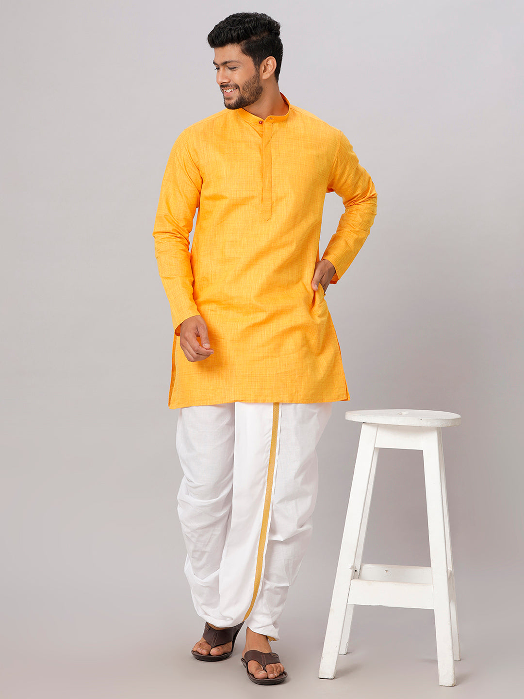 Mens Medium Length Yellow Kurta with White Panchakacham Combo FS1