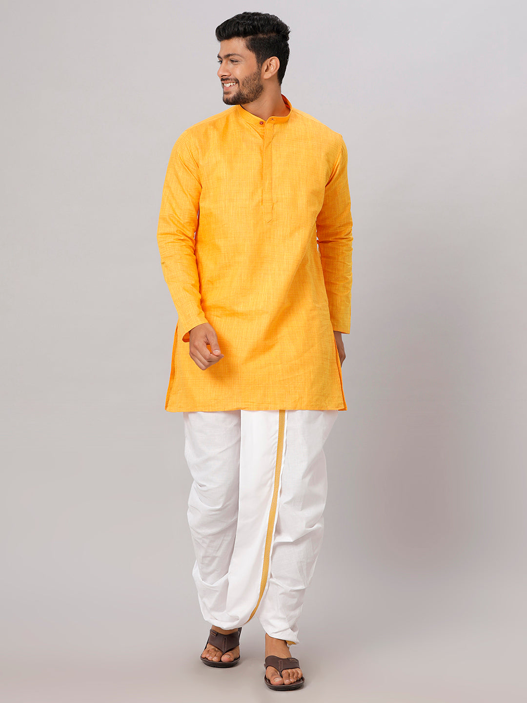 Mens Medium Length Yellow Kurta with White Panchakacham Combo FS1-Front view