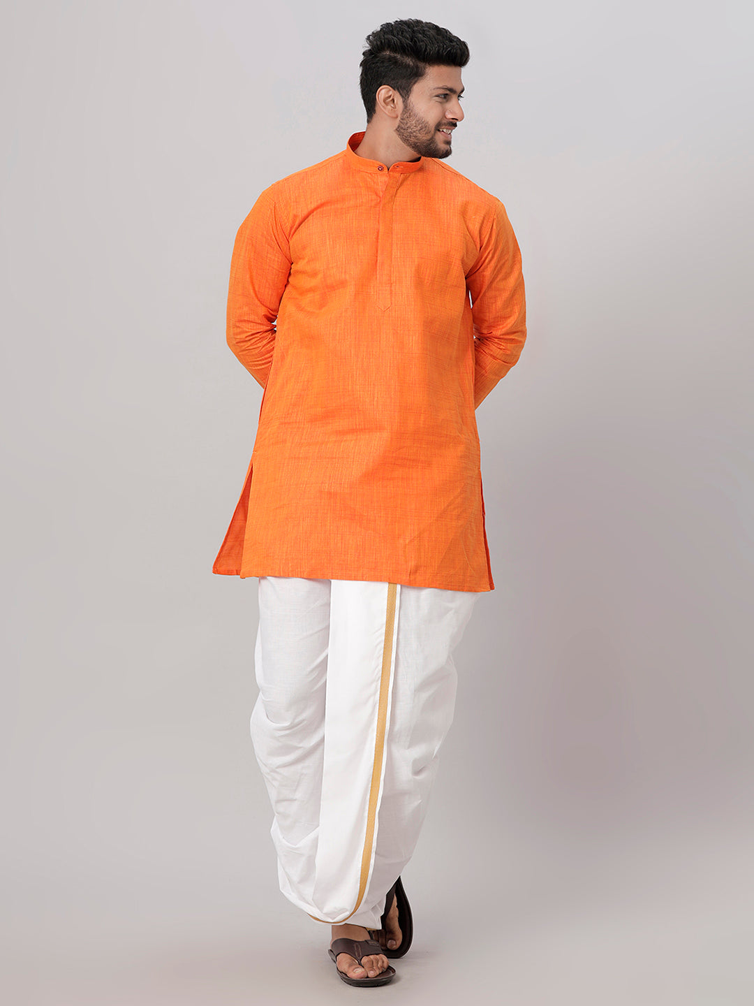 Mens Medium Length Orange Kurta with White Panchakacham Combo FS3-Front view