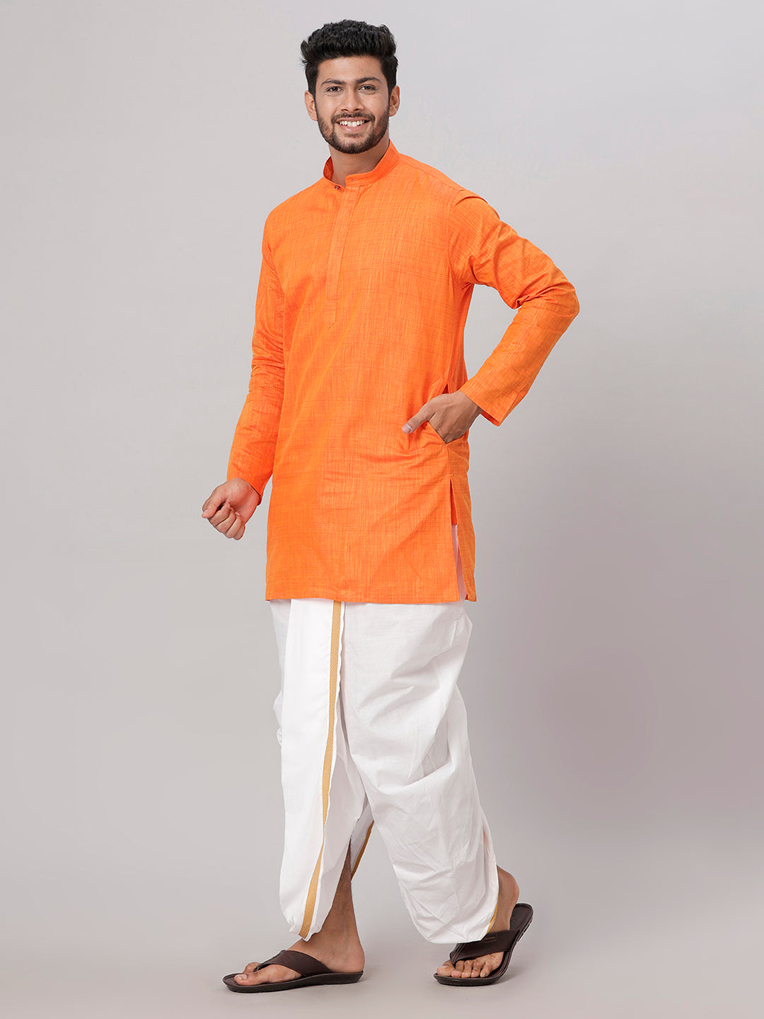 Mens Medium Length Orange Kurta with White Panchakacham Combo FS3-Side view